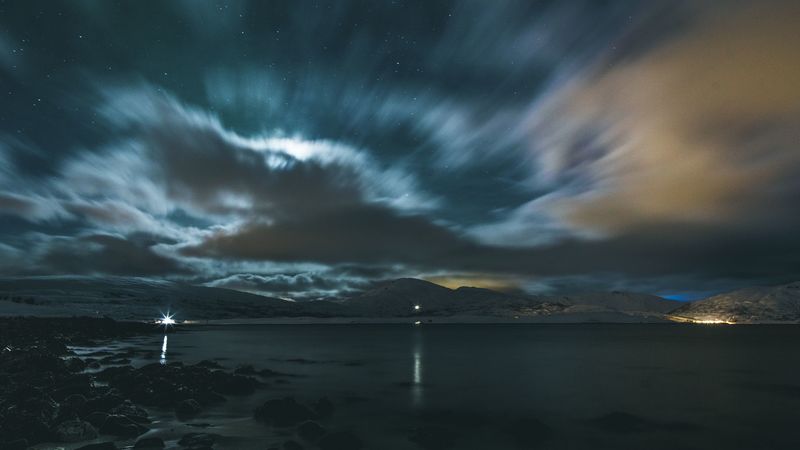 mountains, starry sky, lake, water, snow, night, 4k