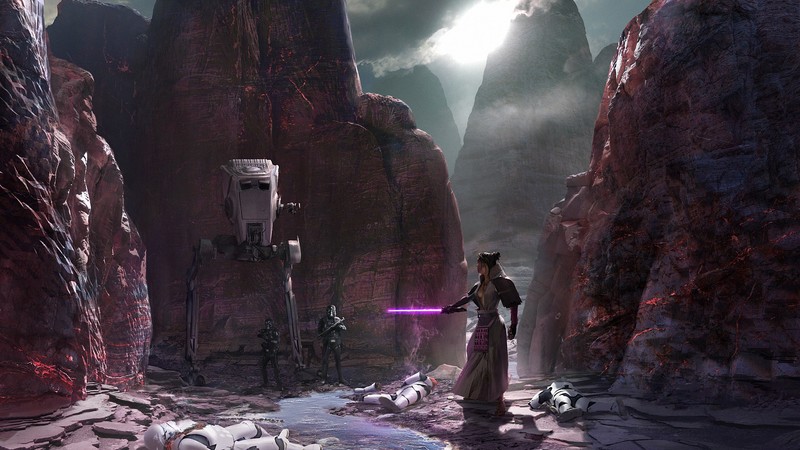 canyon, artwork, Robots, science fiction, Star Wars, Death Troopers, lightsaber, Jedi, AT-ST, AT-ST Walker