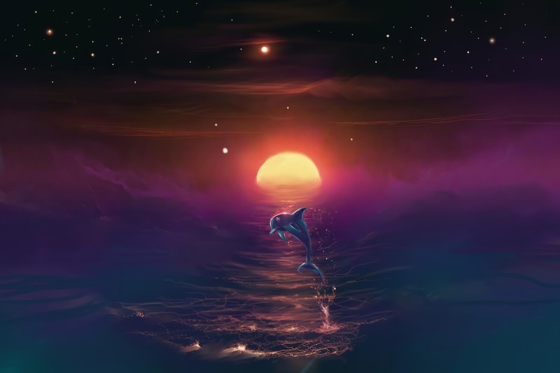 fantasy art, dolphin, sea, Moon, stars, night, animals, colorful, digital art