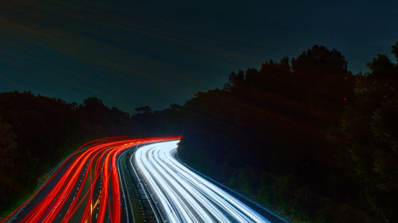 road, long exposure, turn, night, lights, 4k
