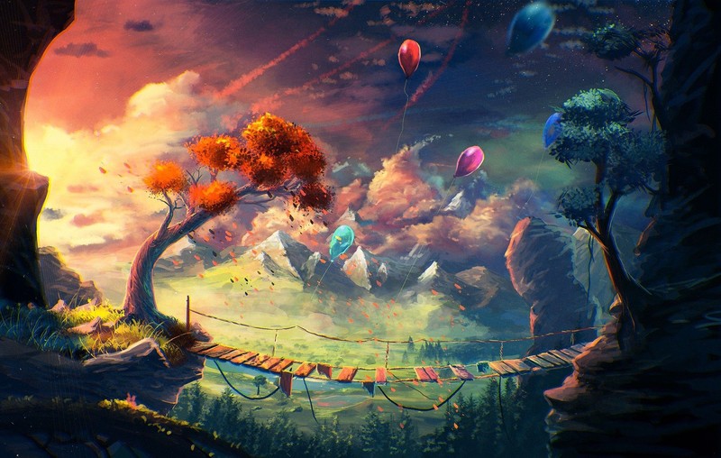 fantasy art, landscape, balloon, artwork, sky, nature, colorful