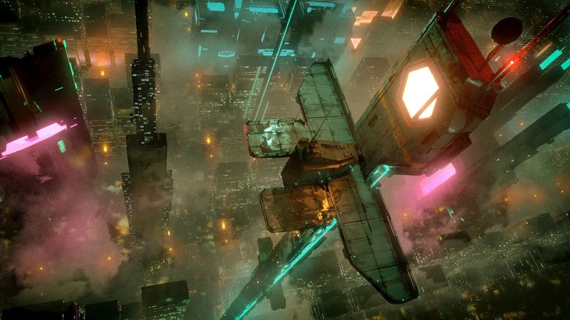 David Legnon, cyberpunk, abandoned, tower, neon glow, mist, city, night, skyscraper, cityscape, glowing, high angle