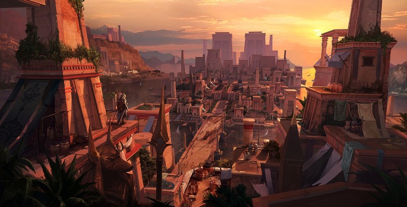 Yun Gong, digital, artwork, Egypt, orange sky, sunset, sunrise, temple, fantasy city, fantasy art, cityscape