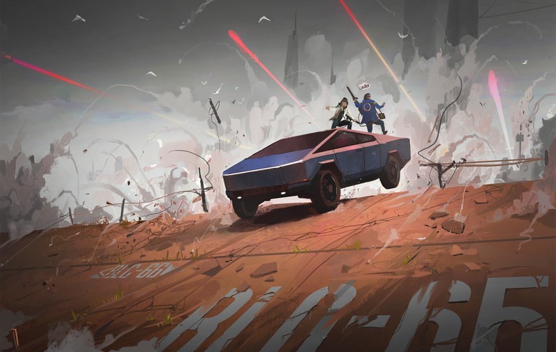 digital art, science fiction, Tesla, smoke, car, bullet, Tesla Cybertruck