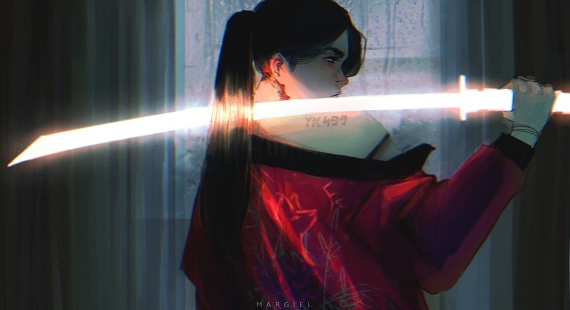 digital art, katana, sword, women, ponytail, tattoo, glowing