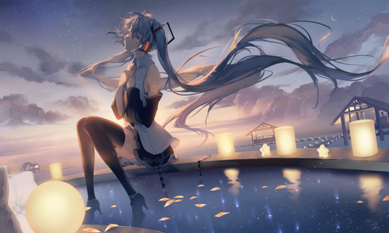 Hatsune Miku, Vocaloid, long hair, twintails, windy, stars, sky, clouds, sitting, candles, shirt, detached sleeves, miniskirt, thigh-highs, reflection, petals, sunset, headphones, smiling, looking away, anime girls, anime, fantasy girl, artwork, 2D, illustration, digital art, drawing, fan art
