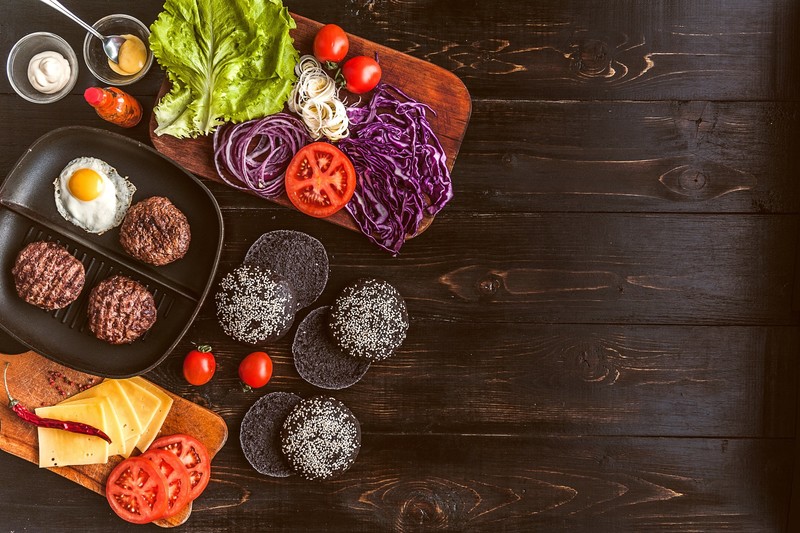 food, meat, vegetables, eggs, tomatoes, salad