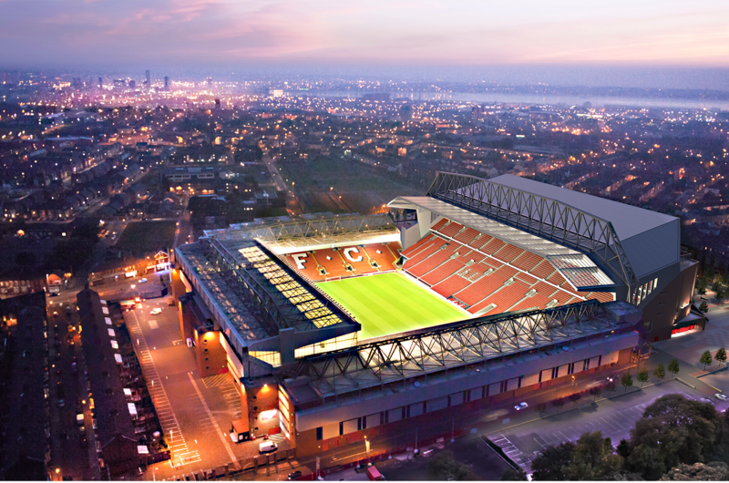 Anfield Road, Liverpool FC, Liverpool, stadium, football stadium, city, British, city lights, Mersey (river)