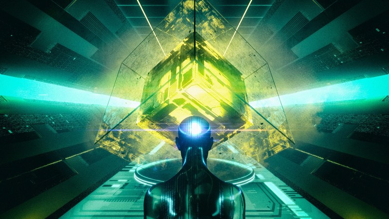 David Legnon, cyberpunk, cube, 3D Blocks, science fiction, glowing, blue, cyan, yellow, silhouette, interfaces