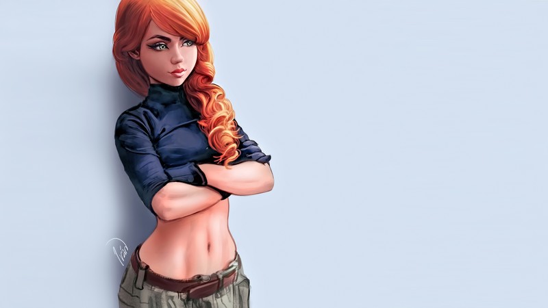 women, people, science fiction, digital art, concept art, artwork, fan art, CGI, painting, realistic, portrait, face, closeup, hair in face, Photoshop, long hair, white background, red lipstick, simple background, Ivan Talavera, green eyes, Kim Possible