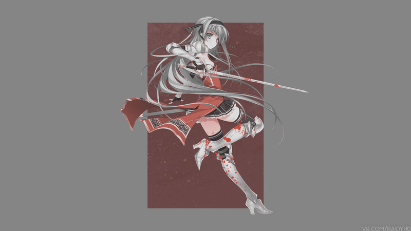 anime, anime girls, gray background, silver hair, fantasy girl, sword, blood, headband, gray eyes