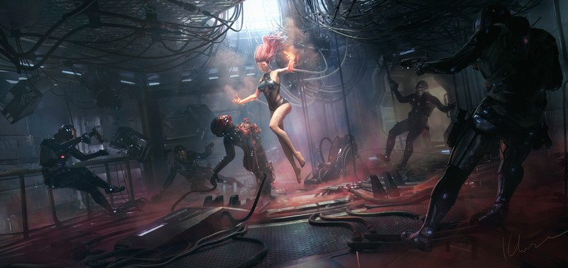 concept art, artwork, futuristic, fantasy art, women, fantasy girl, armor, gun, weapon, science fiction, environment, drawing, digital art, illustration, original characters, wires