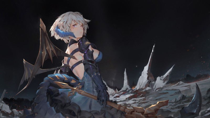 anime, anime girls, fantasy girl, fantasy art, short hair, horns, demon girls, wings, tail, armor, weapon, environment, dark, dress, looking away, original characters, artwork, drawing, digital art, illustration, Chika Toriumi