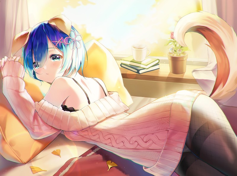 Re:Zero Kara Hajimeru Isekai Seikatsu, Rem (Re: Zero), anime, anime girls, blue eyes, blue hair, looking at viewer, dog girls, animal ears, tail, bra straps, bare shoulders, sweater, pink sweater, pantyhose, fishnet pantyhose, panties, lying on front, in bed, pillow, pillow hug, books, lens flare, blushing, fantasy girl, artwork, drawing, digital art, illustration, fan art, fantasy art, Pixiv, indoors