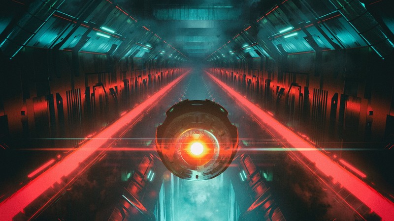 David Legnon, hallway, cyberpunk, science fiction, red light, red, orb, glowing
