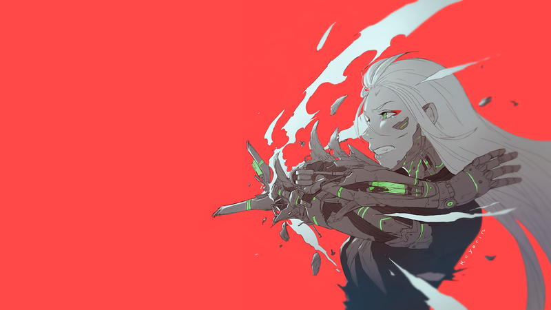cyberpunk, red background, artwork, digital art, original characters, anime, anime girls