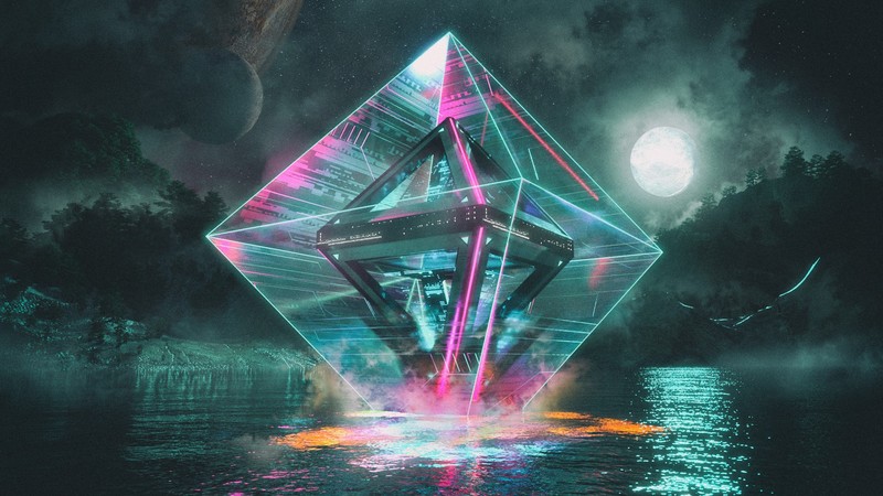 David Legnon, cyberpunk, neon glow, prism, Moon, water, reflection, science fiction, planet, mist, night