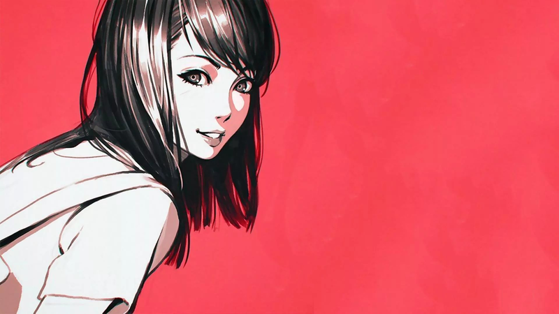 drawn, digital art, Ilya Kuvshinov, bangs, looking over shoulder, looking at viewer, red background, women, artwork