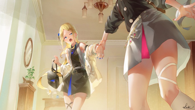 anime, anime girls, digital art, artwork, 2D, portrait, legs, indoors, open mouth, painted nails, blonde, low-angle