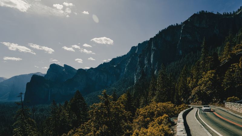 mountains, road, car, movement, 4k