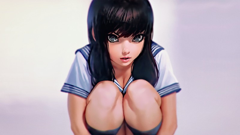portrait, face, digital art, concept art, artwork, fan art, painting, hair in face, Photoshop, frontal view, long hair, white background, simple background, original characters, Ilya Kuvshinov, looking at viewer, people