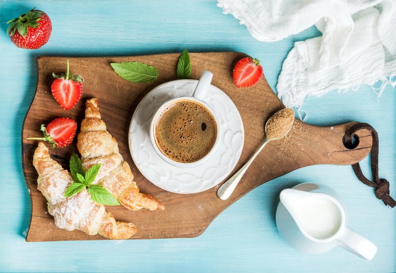 food, breakfast, strawberries, fruit, coffee, cup, croissants, cyan