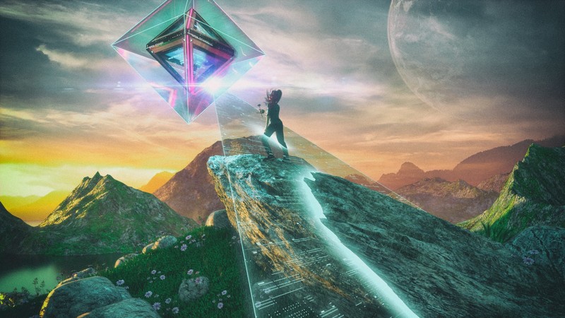 David Legnon, science fiction, prism, scan, mountains, women, landscape, Moon, sky, colorful, artwork, planet, cyan