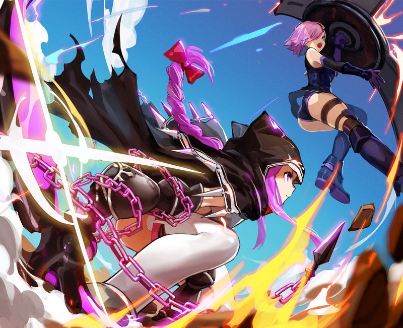 Fate Series, FGO, Fate/Grand Order, anime girls, fan art, 2D, digital art, long hair, short hair, ass, thigh-highs, fantasy weapon, violet hair, violet eyes, fantasy armor, white stockings, Medusa (Lancer), Mashu Kyrielight, no bra, Mash Kyrielight, colorful
