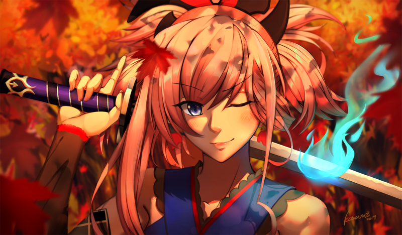 Miyamoto Musashi (fate/grand order), Fate/Grand Order, Fate Series, anime girls, anime, pink hair, blue eyes, looking at viewer, blushing, wink, smiling, face, portrait, katana, weapon, bokeh, leaves, fall, artwork, 2D, illustration, digital art, drawing, fan art, Pixiv, sunset, blue flames, sword, fantasy girl