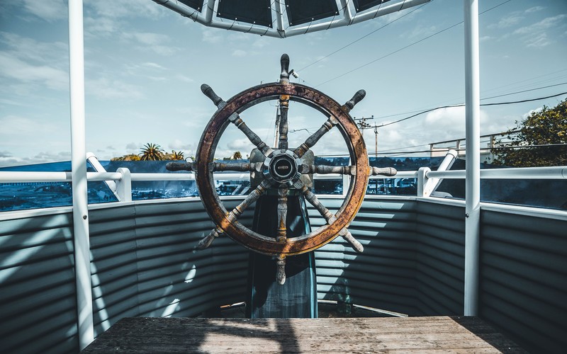 ship, sailing ship, sea, clouds, wheels, steering wheel, palm trees, vehicle