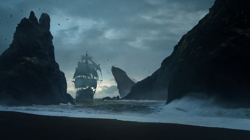 ship, sailing ship, sea, clouds, waves, Charles Dauphin, artwork, digital art, coast, rock, birds, vehicle