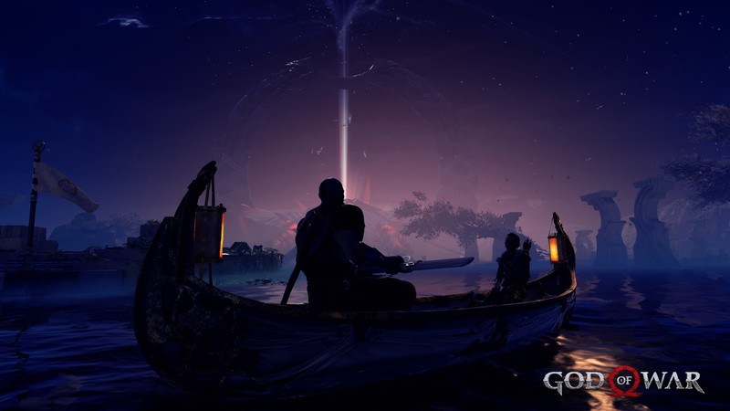 God of War, game art, PlayStation 4, video games, video game characters, Kratos, nature, boat, dark