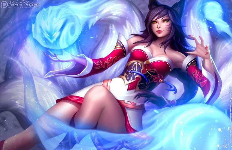 Michelle Hoefener, drawing, League of Legends, Ahri (League of Legends), nine tails, Fox ears, fox girl, yellow eyes, face paint, dress, magician, spell, fighting, long nails, blue, glowing, cyan, fantasy girl, painted nails