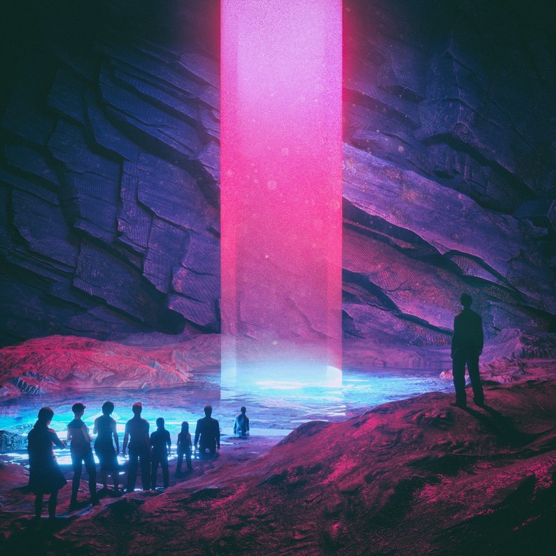 beeple, digital art, 3D, people, rock, artwork, pink