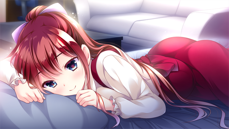 long hair, dress, lying down, anime, anime girls, redhead, blue eyes, indoors