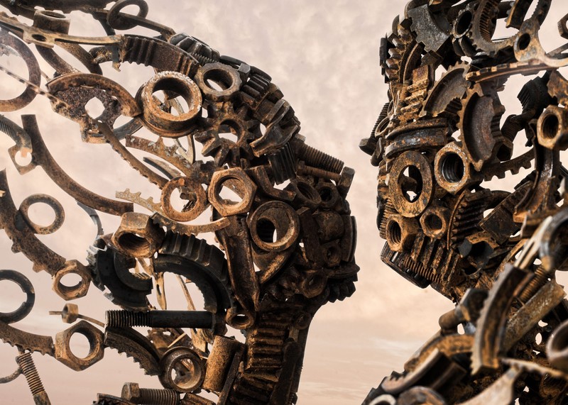 artwork, face, rust, screws, women, couple, white background, bolts, gears, gear, Penny Hardy, sculpture, men, profile, metal, abstract