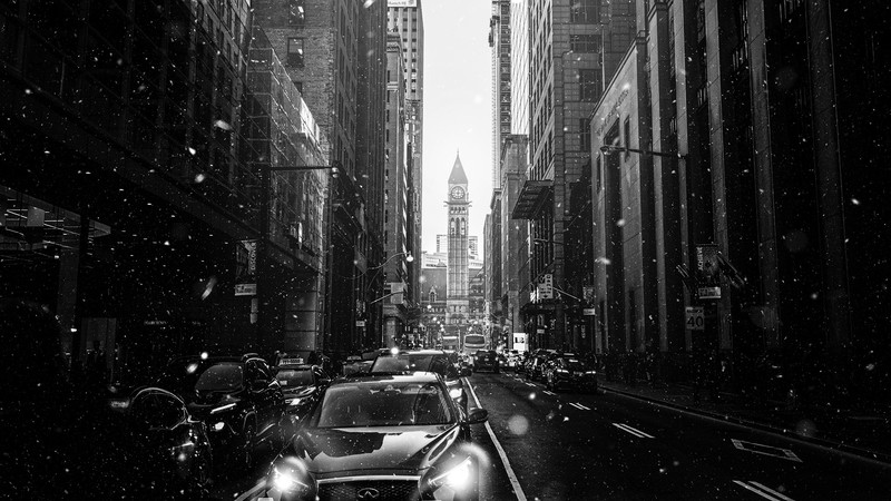 monochrome, car, building, street, city, cityscape, dark, black, snowing
