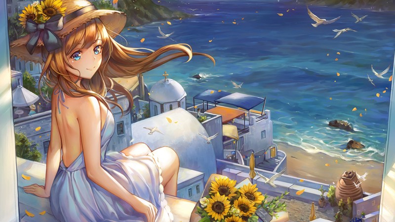 sunflowers, long hair, brunette, hat, seagulls, water, anime girls, anime, blue eyes, sitting