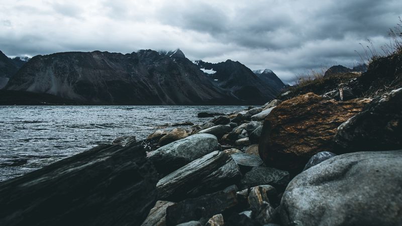 mountain, stones, water, lake, fog, overcast, 4k