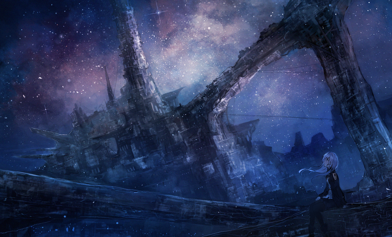 anime, anime girls, digital art, artwork, 2D, portrait, sky, stars, futuristic, space