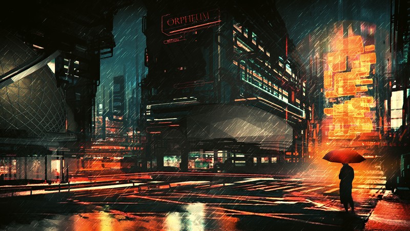 futuristic city, futuristic, science fiction, digital art, concept art, artwork, fantasy art, fan art, 3D, CGI, cyberpunk, cyber, city, cityscape, urban, night, rain, dark, umbrella