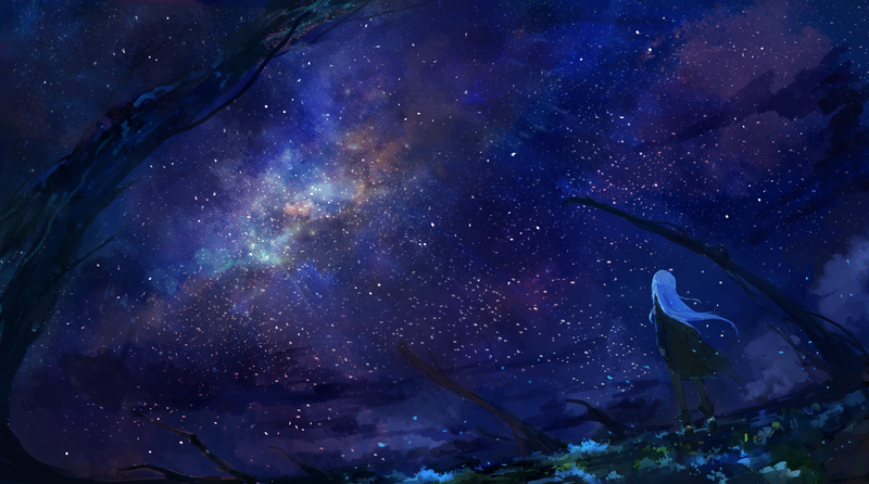 anime, anime girls, digital art, artwork, 2D, sky, stars, outdoors, night