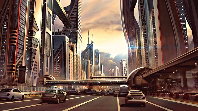 futuristic city, futuristic, science fiction, digital art, concept art, artwork, fan art, 3D, CGI, cyberpunk, cyber, city, cityscape, urban, car, traffic, road