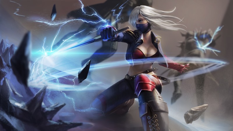 warrior, warrior girls, fantasy girl, white hair, blue eyes, mask, jacket, cleavage, belt, armor, knife, dagger, destruction, fighting, depth of field, fantasy art, artwork, drawing, illustration, digital painting, digital art, original characters, Allen Hsieh