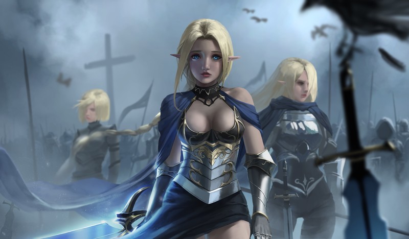 elves, women, fantasy girl, blonde, long hair, pointy ears, looking at viewer, blue eyes, frontal view, bokeh, raven, sword, weapon, armor, Armored, cleavage, cape, army, fantasy art, depth of field, environment, artwork, drawing, illustration, digital painting, digital art, original characters, Allen Hsieh