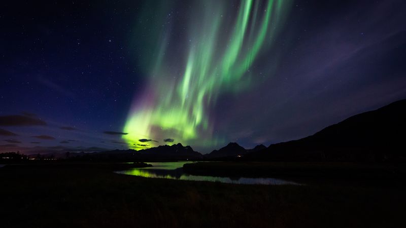 northern lights, aurora, mountains, night, starry sky, natural phenomenon, darkness, 4k