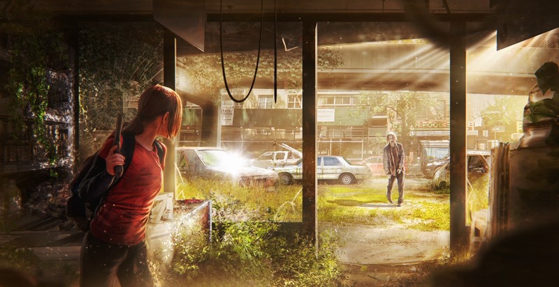 women, science fiction, concept art, artwork, digital art, fan art, The Last of Us, Ellie, brunette, ponytail, gun, weapon, T-shirt, backpacks, zombies, lens flare, car, abandoned, apocalyptic, Pavel Bondarenko, video games, video game characters, video game girls, video game art