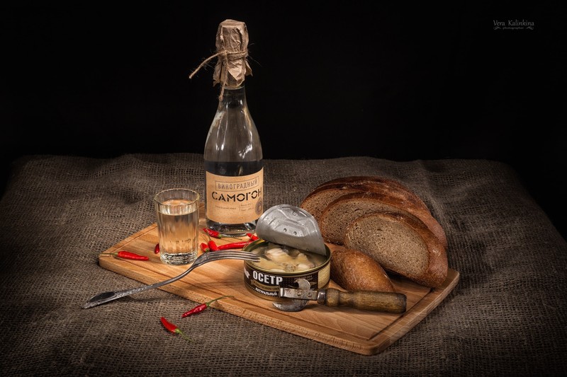 food, vodka, still life, bread, alcohol, bottles, Vera Kalinkina