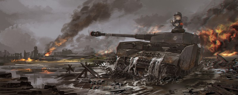 anime, anime girls, tank, war, vehicle, fire, military