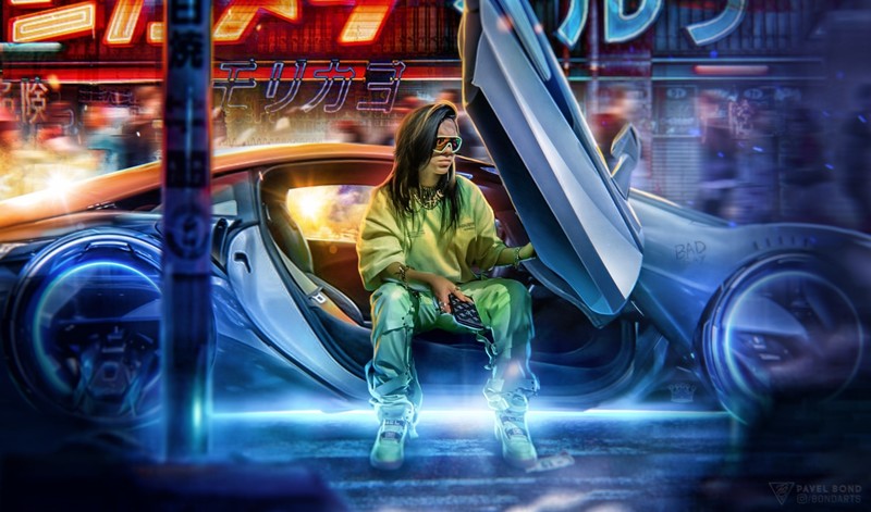 women, science fiction, concept art, artwork, digital art, Photoshop, futuristic, cyberpunk, Cyberpunk 2077, brunette, sunglasses, sitting, sweatshirts, pants, sneakers, car, women with cars, environment, bokeh, street, neon, neon lights, fan art, Pavel Bondarenko, video game art, video games, Billie Eilish